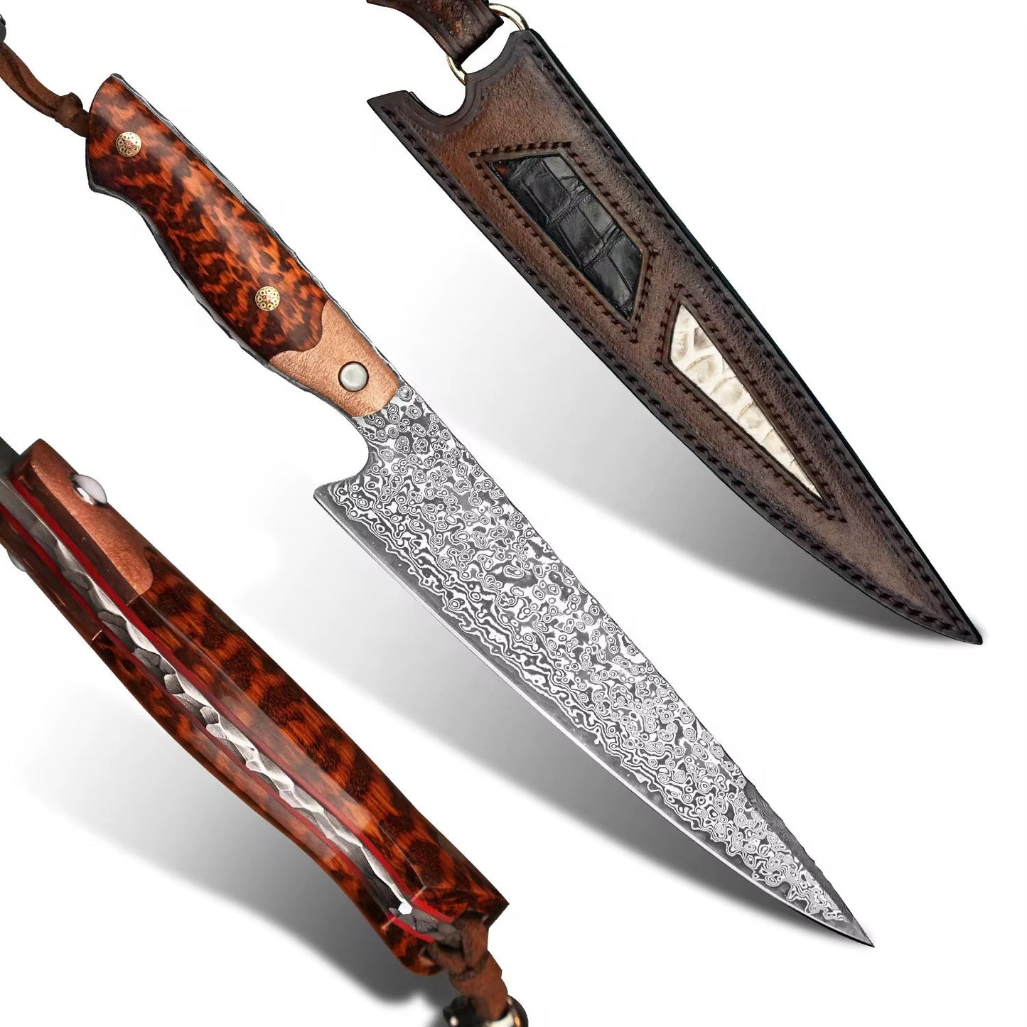 Emerald Viper Japanese Damascus Chef knife with Exotic Snake Wood & Copper Handle