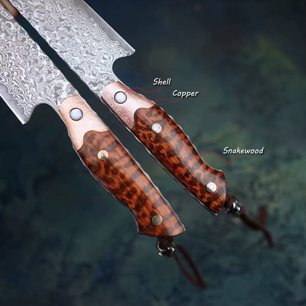 Emerald Viper Japanese Damascus Chef knife with Exotic Snake Wood & Copper Handle