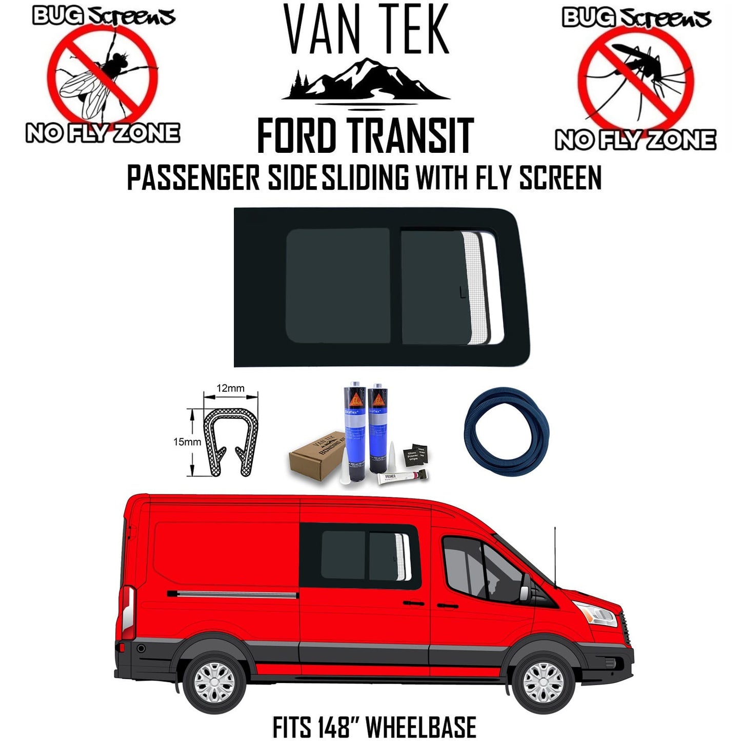 Ford Transit SLIDING Window WITH FLY SCREEN And BLIND – Passenger Side
