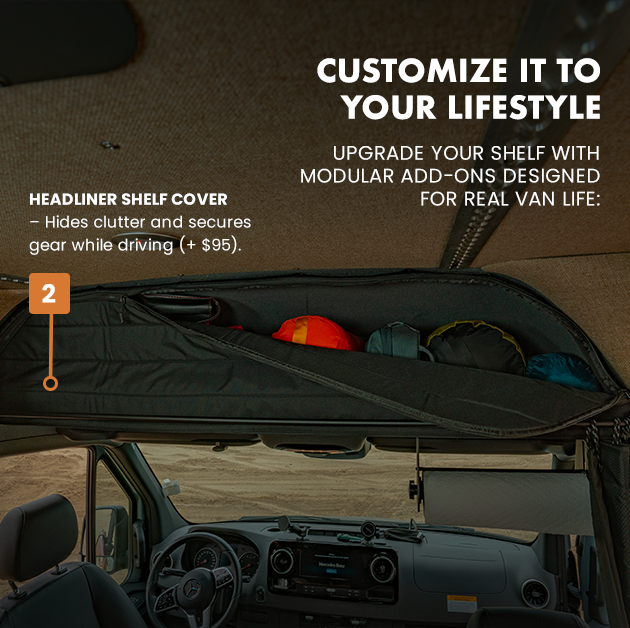 Aluminum Van Headliner Shelf For 2019-2024 Mercedes Sprinter – W/ Curtain Rod & Carpet, Black