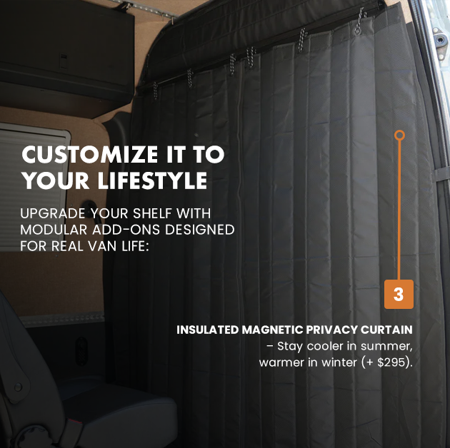 Aluminum Van Headliner Shelf For 2019-2024 Mercedes Sprinter – W/ Curtain Rod & Carpet, Black