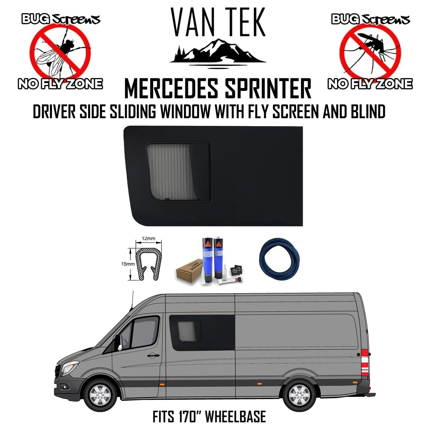 Mercedes Sprinter SLIDING Window WITH FLY SCREEN And BLIND – Driver Side
