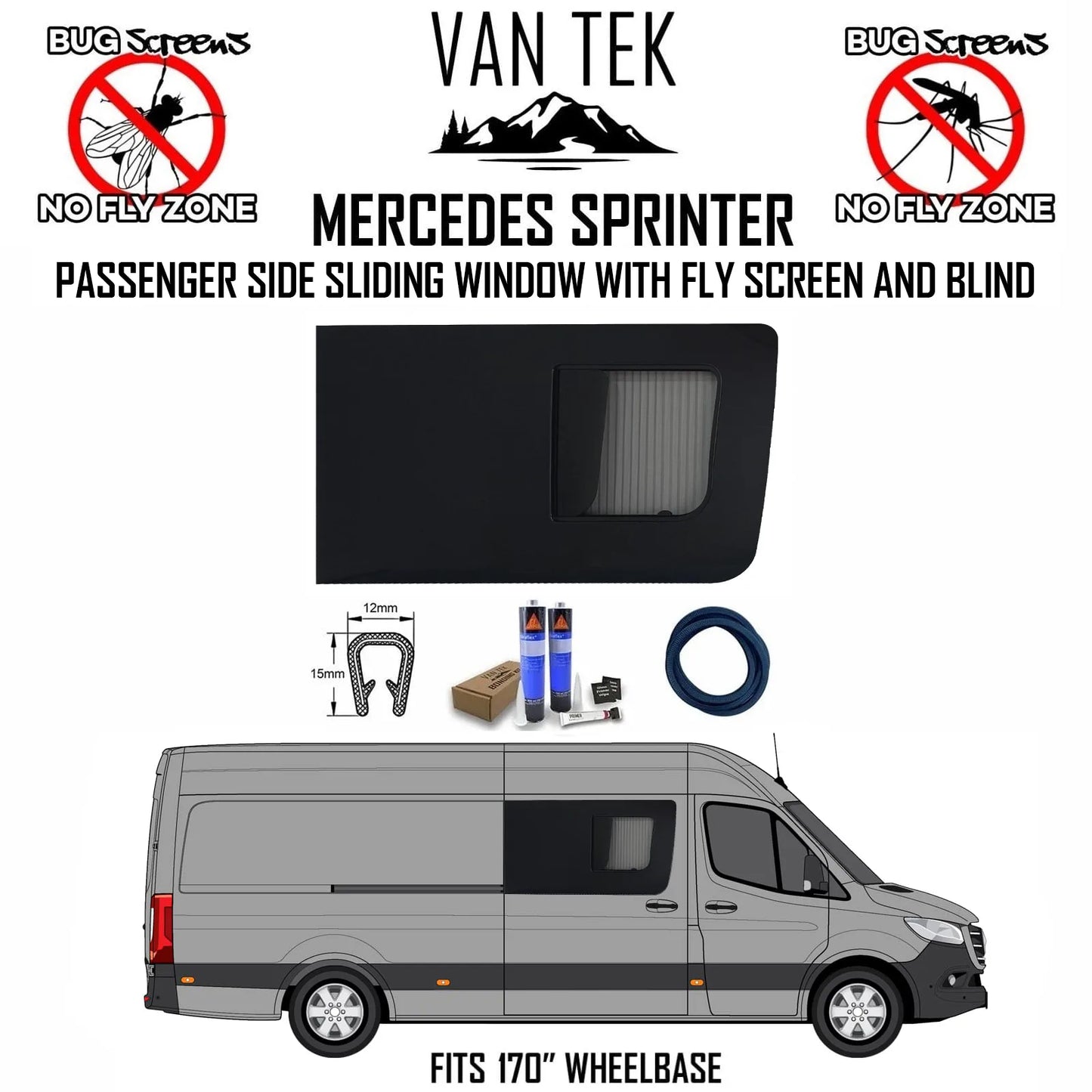 Mercedes Sprinter SLIDING Window WITH FLY SCREEN And BLIND – Passenger Side