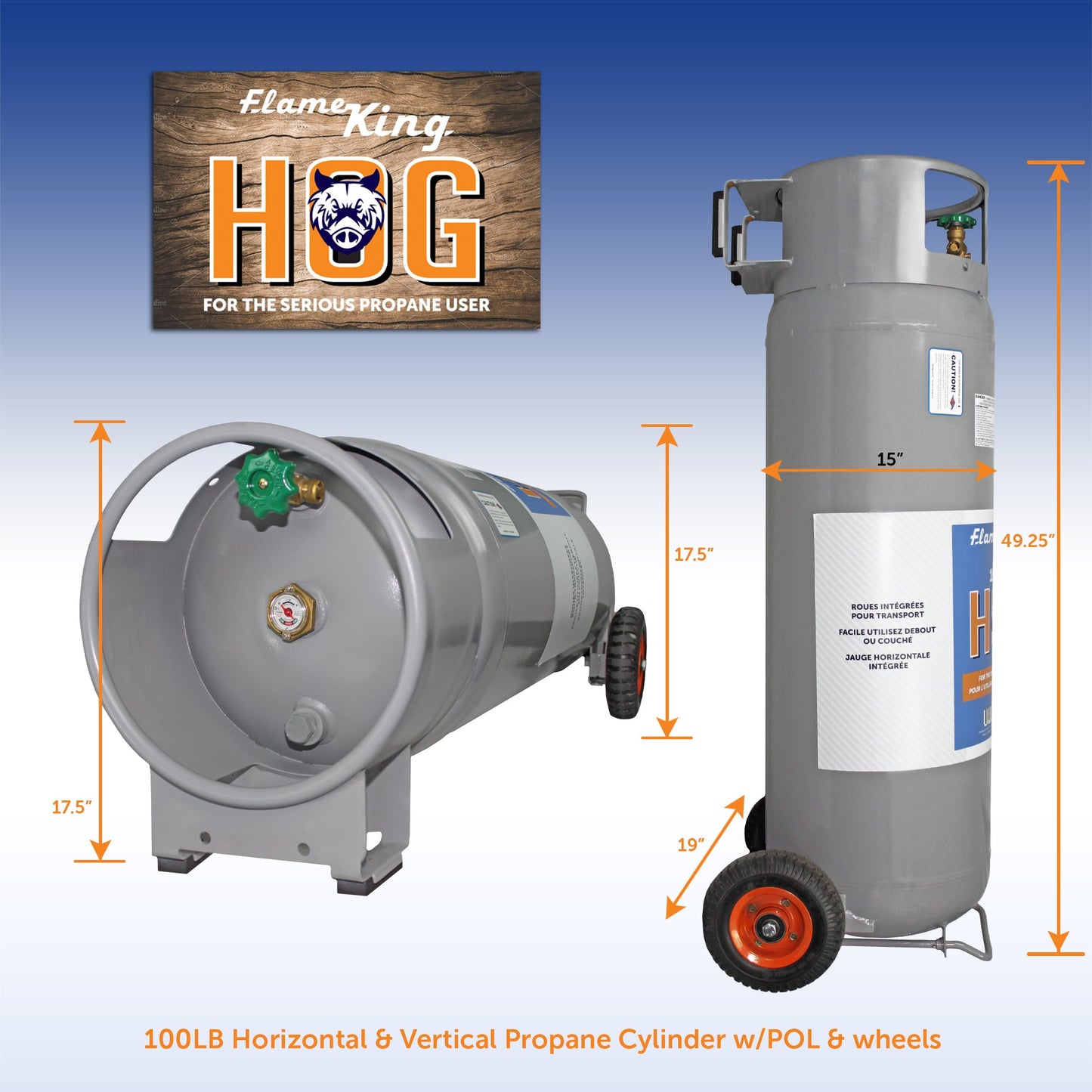 Flame King 100lb Empty Horizontal & Vertical Propane Cylinder with POL & Wheels