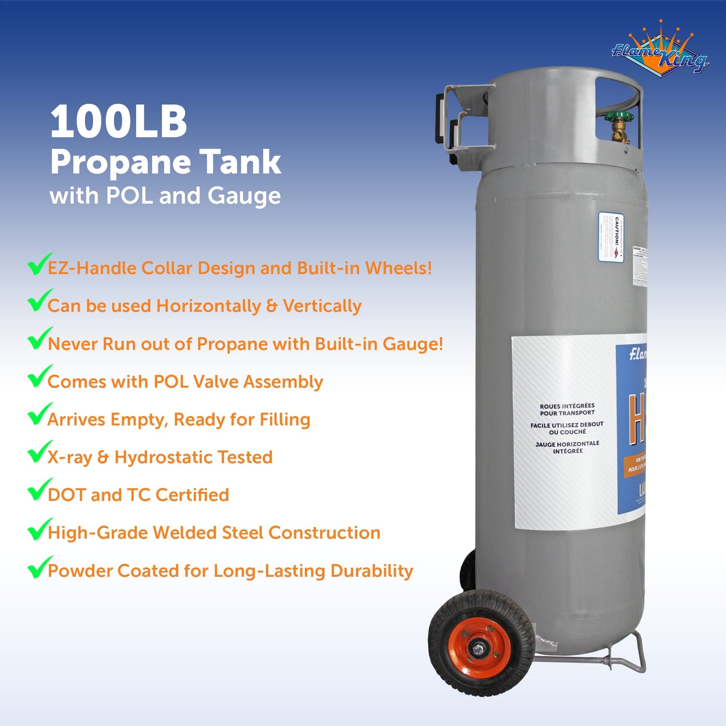 Flame King 100lb Empty Horizontal & Vertical Propane Cylinder with POL & Wheels
