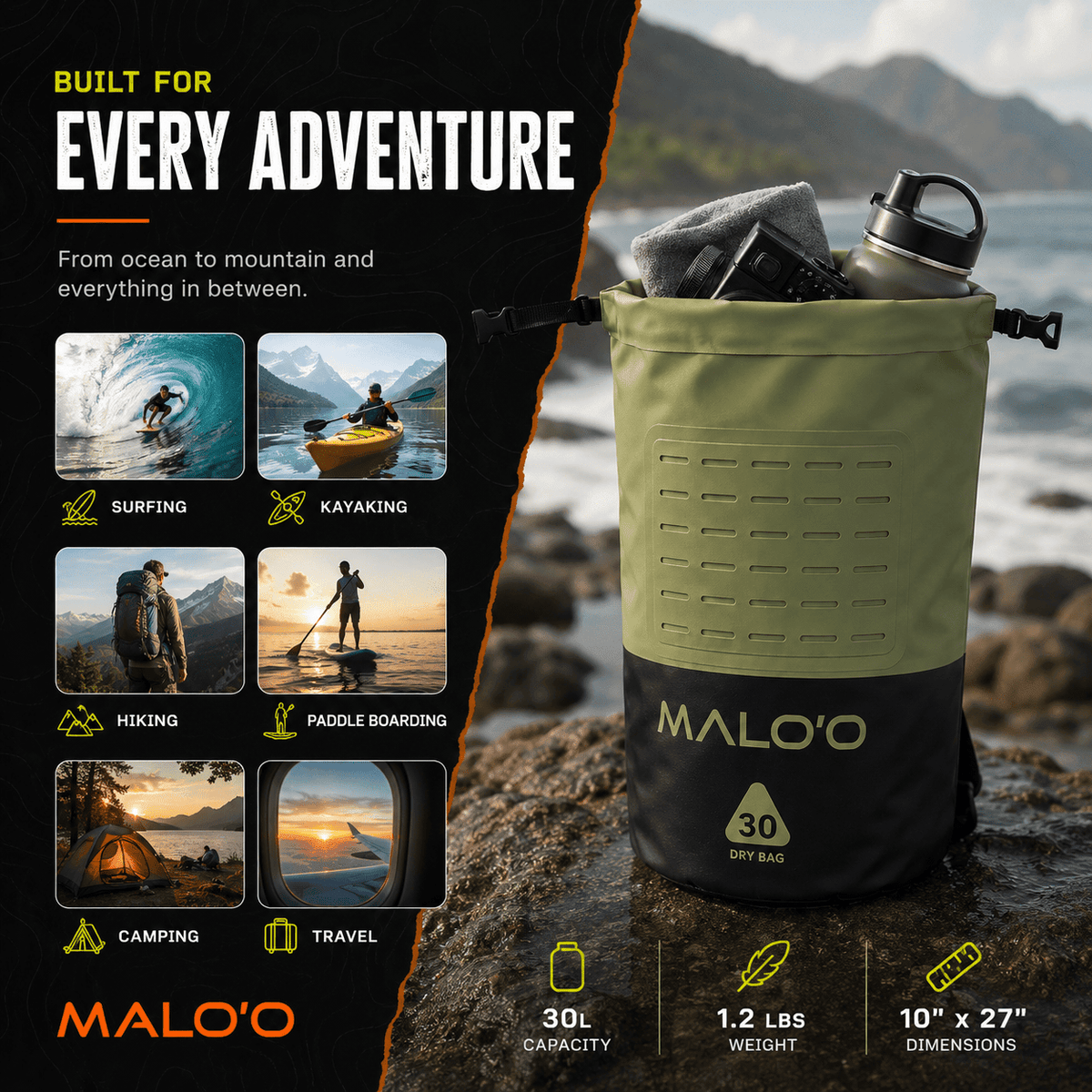 30L Waterproof Dry Bag – Roll-Top Kayak, Beach & Travel Gear Bag
