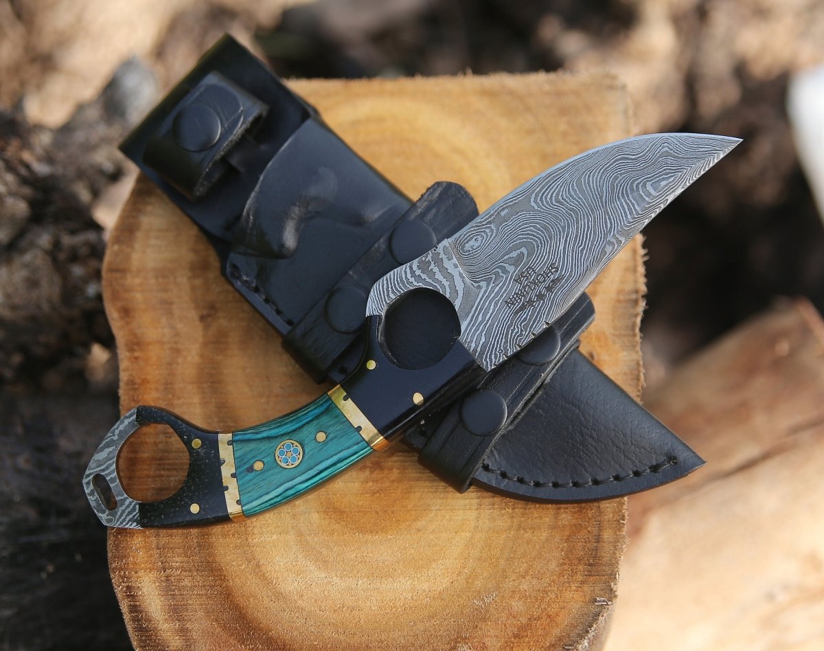 Spark Damascus EDC Knife with Micarta & Pakkawood Handle